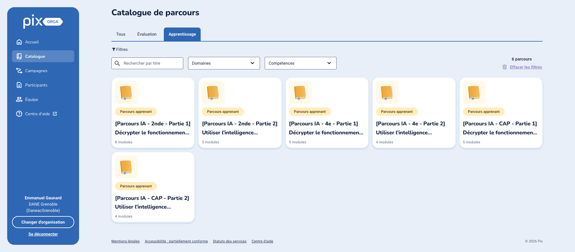L'onglet Apprentissage du catalogue de Pix Orga affiche les parcours IA disponibles, en partie 1 et partie 2, avec leur nombre de modules. Vue depuis un espace académique, qui voit tous les niveaux ; un établissement ne voit que les siens.