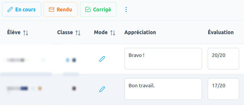Le suivi des copies dans Capytale : onglets En cours, Rendu, Corrigé, et pour chaque élève, nom flouté, une appréciation et une note