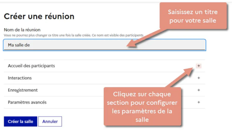 Le formulaire « Créer une réunion » : le nom de la salle, puis les sections Accueil des participants, Interactions, Enregistrement et Paramètres avancés