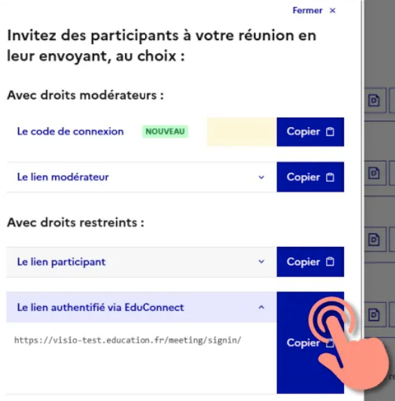 La fenêtre « Invitez des participants » : le code de connexion et le lien modérateur, avec droits modérateurs ; le lien participant et le lien authentifié via ÉduConnect, avec droits restreints
