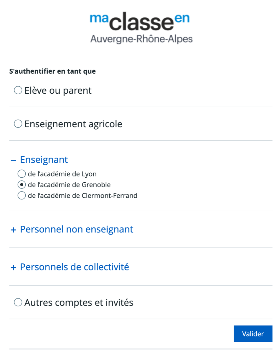 La page de connexion de l'ENT : liste des profils, « Enseignant » déplié et « de l'académie de Grenoble » sélectionné